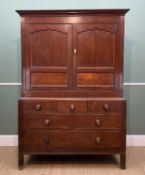 LATE 18TH CENTURY WELSH JOINED OAK CUPBOARD, moulded cornice above shaped arch panelled doors and