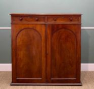 19TH CENTURY MAHOGANY CABINET, fitted two drawers above arch panelled doors enclosing sliding