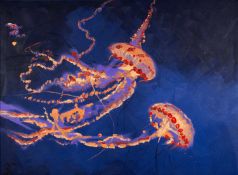 ‡ RHIAN FIELD (20th Century) oil on canvas - entitled 'Fire Down Below', signed with initial,