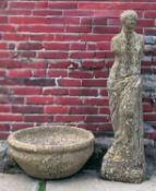 TWO PIECES OF COMPOSITION GARDEN FURNITURE comprising one freestanding conical planter together with