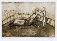 LAFUDELA (20th Century) limited edition (7/500) sepia aquatint - Forcados (Portugal), bull