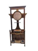 EDWARDIAN MARQUETRY HALL STAND, fitted with circualr mirror, glove bos and stick stands with metal