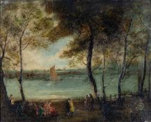 MANNER OF CECIL GORDON LAWSON oil on canvas - figures promenading beside a river with sailing