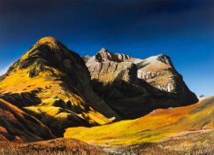 ‡ JAMIE HAGEMAN (20th Century) acrylic on board - entitled 'Three Sisters, Glencoe', signed, 42.5