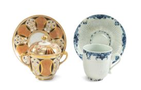 19TH C. COALPORT CHOCOLATE CUP, COVER & STAND, c. 1810, gilt and painted with panels of stylised