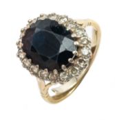 YELLOW METAL SAPPHIRE & DIAMOND CLUSTER RING, ring size R, 8.1gms, in vintage Bracher & Sydenham box