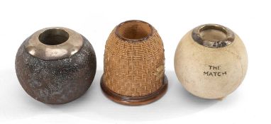 RARE DOULTON LAMBETH WHITE CERAMIC MATCH HOLDER, marked 'The Match', silver rim, together with honey