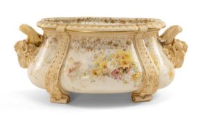 DOULTON BURLSEM CENTREPIECE, c. 1890's, of shaped oval form with ram's mask handles, vitruvian and