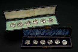 TWO CASED SETS OF EDWARDIAN SILVER BUTTONS, one set as Art Nouveau female heads, Birmingham 1903,