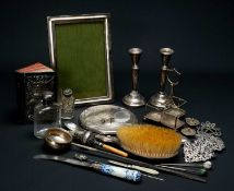 ASSORTED SILVER COLLECTIBLES, including pair small candlesticks, prayer book, toddle ladle, belt
