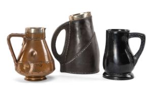 DOULTON LAMBETH SILVER MOUNTED BLACKJACK TANKARD, imitation leather finish, marked to base, together