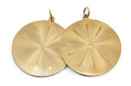PAIR OF 9CT GOLD CIRCULAR SUNBURST EARRINGS, engraved 'G. T. B. Youth Aliyah Sponsor' & 'Edith