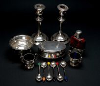 ASSORTED SILVER & EPNS, including George V spirit flask with leather sleeve 11cms h, pair urn