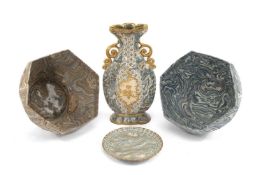 GROUP OF DOULTON MARQUETERIE WARES comprising two similar hexagonal bowls, twin handled vase and a