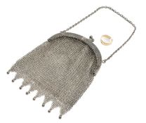 YELLOW METAL WEDDING BAND, 1.5gms, together with silver mesh purse (2) Provenance: private
