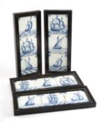 FOUR DELFT POTTERY TILE PANELS, each frame mounted with three blue and white tiles painted with