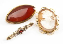 THREE BAR BROOCHES comprising 9ct gold cameo brooch, 9ct gold carnelian brooch, 9ct gold bar brooch,