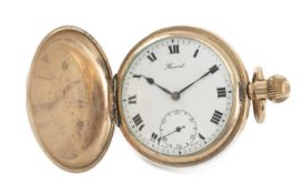 SWISS GOLD PLATED FULL HUNTER POCKET WATCH, white enamel dial signed ' Record', Roman numerals and