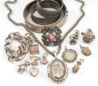 ASSORTED SILVER & OTHER JEWELLERY, including curblink charm bracelet with 10x charms (most loose),