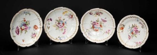 FOUR WELSH PORCELAIN CRUCIFORM DISHES, all painted with sprays of summer flowers to the centre and