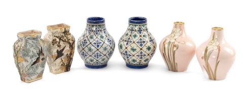 SIX DOULTON VASES comprising pair of Doulton Slater's Patent 'Aesthetic' bird vases, pair of Doulton