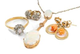 OPAL & CORAL JEWELLERY comprising 9k gold opal pendant on chain, pair of opal and diamond