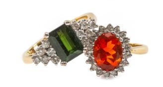 TWO 18CT GOLD RINGS comprising fire opal and diamond cluster ring and green tourmaline and diamond