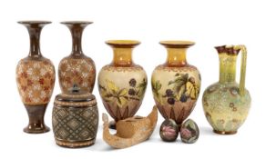 ASSORTED DOULTON SLATER'S PATENT STONEWARE, including pair 'blackeberry' vases with artists MB