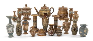 QUANTITY OF DOULTON LAMBETH SILICON WARE including isobath reservoir inkstand, various vases, pair