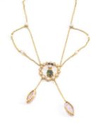 YELLOW METAL MULTI-GEM PENDANT CHAIN, set with seed pearls, diamond, green and pink semi-precious