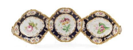 THREE VICTORIAN STAFFORDSHIRE BONE CHINA DESSERT DISHES, circa 1850, botanical painted centres and