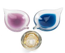 THREE 20TH CENTURY GLASS ITEMS, comprising pair of leaf shaped dishes by Sea Glasbruk, Sweden,