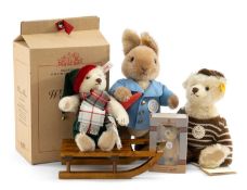 FOUR MODERN STEIFF TOYS, comprising Danbury Mint Peter Rabbit with blue jacket and carrot, no.