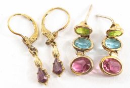 PAIR OF YELLOW METAL MULTI-GEM DROP EARRINGS, together with pair of amethyst earrings, in vintage
