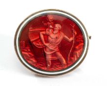 YELLOW METAL & RED GUILLOCHE ENAMEL BAR BROOCH, of oval form depicting religious scene, possibly