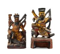 TWO PROVINCIAL CHINESE LACQUERED WOOD FIGURES OF GUANDI, Qing Dynasty, each with raised fist