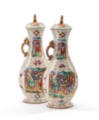 PAIR CHINESE FAMILLE ROSE BALUSTER VASES & COVERS, Qianlong, of quatrefoil section, decorated in the