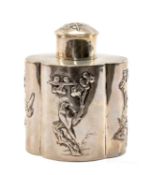 CHINESE SILVER TEA CANISTER, c. 1880, by Tien Shing, Hong Kong, of quatrefoil form, the sides