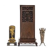 JAPANESE SILVER DRAGON VASE & TWO ANCESTOR SHRINES, the small stem vase tapering circular with