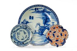 THREE JAPANESE PORCELAIN DISHES, comprising Arita blue and white Sho Chiku Bai dish, Edo period,
