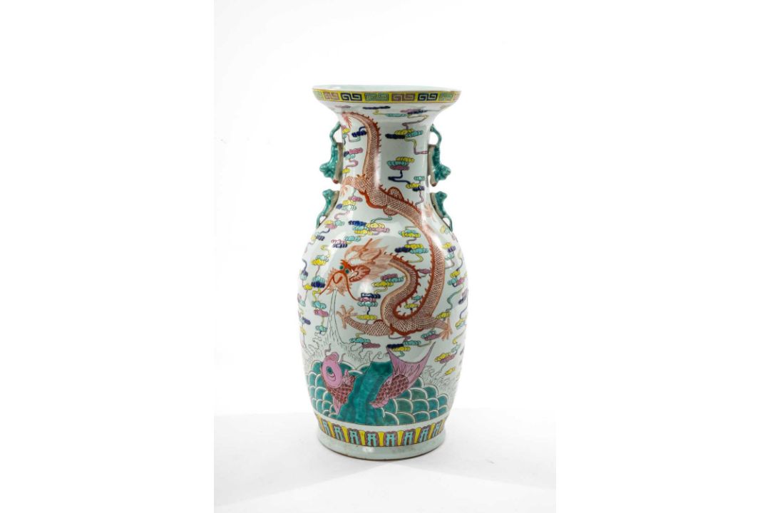 CHINESE FAMILLE ROSE 'DRAGON & CARP' VASE, 20th Century, enamelled with a red 5-clawed dragon - Image 1 of 4