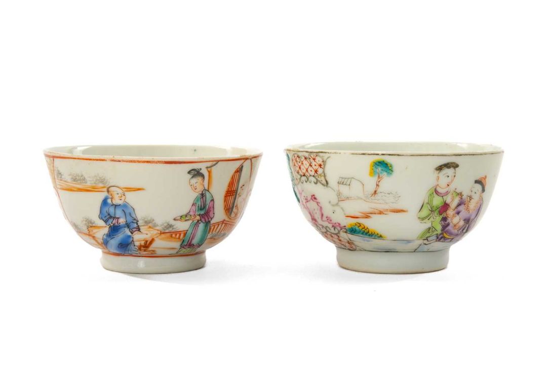 TWO CHINESE FAMILLE ROSE PORCELAIN TEABOWLS, late 18th Century, painted with figures, one in the - Image 1 of 5