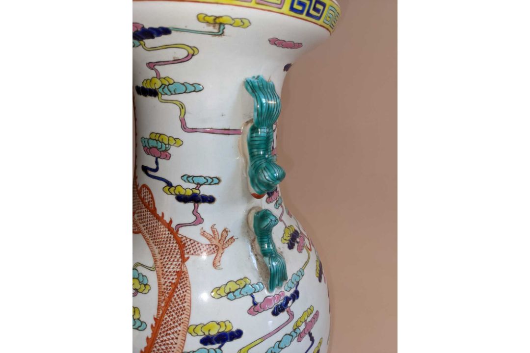 CHINESE FAMILLE ROSE 'DRAGON & CARP' VASE, 20th Century, enamelled with a red 5-clawed dragon - Image 3 of 4