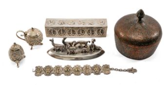 GROUP SOUTH ASIAN WHITE METAL, comprising small narrow rectangular box with hinged cover, embossed