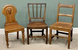 VINTAGE OAK FARMHOUSE CHAIRS (2) & A VICTORIAN MAHOGANY SHIELD-BACK HALL CHAIR, 90cms H, 47cms W,