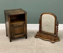 A LINENFOLD NIGHT CABINET & TOILET MIRROR the cabinet with upper shelf and lower cupboard door,