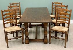 GOOD ANTIQUE REPRODUCTION OAK DINING FURNITURE to include refectory table, on substantial turned and