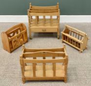 FOUR LIGHTWOOD MAGAZINE HOLDERS including a Canterbury having a base drawer, 57cms H, 53cms W, 36cms