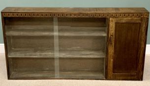 POLISHED OAK BOOKCASE CUPBOARD with sliding glass doors and end cupboard, 96cms H, 182cms W, 23cms
