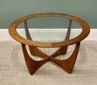G-PLAN RED LABEL MID-CENTURY GLASS TOP COFFEE TABLE, 46cms H, 84cms Diameter top